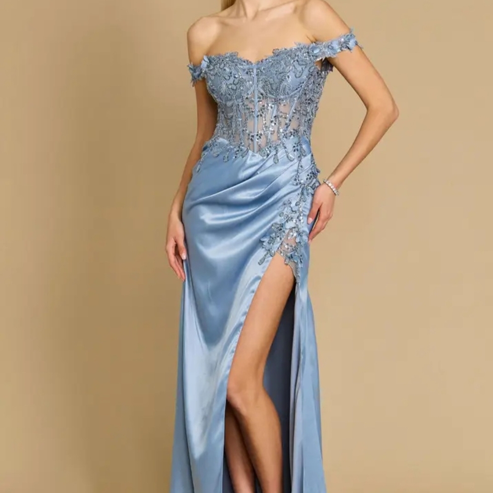 Dusty Blue Embellished Corset Off-Shoulder Formal Gown with High Slit